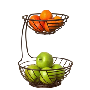 Panier à fruits double étage en fil métallique fait main, support de rangement rond en métal rustique pour la cuisine, présentoir décoratif - Product Image 1