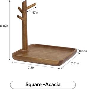 Plateau à clés et bol en bois d'acacia massif pour table d'entrée, plateau à bijoux avec 3 crochets, rangement ouvert pour portefeuille, lunettes, montres - Product Image 2