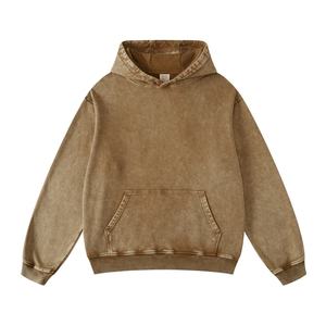 Sudadera con Capucha de Invierno, Color Beige Lavado, Acabado Desgastado, Forrada, Tejida, 100% Algodón, Corte Holgado, Transpirable, con Bordado Personalizado - Product Image 1