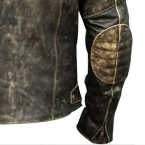 Blouson de moto en cuir véritable pour homme, col montant, fermeture éclair, noir délavé, style motard, pour l'automne - Product Image 6