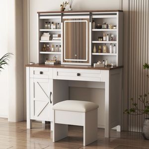 Farmhouse Makeup Vanity Desk with Multilayer Storage Shelves Sliding Mirror Lights Hairdryer Holder Charging Socket - Product Image 2