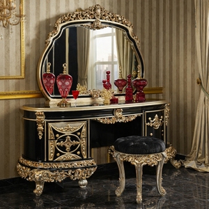 High-End Royal Black Gold Mahogany Bedroom Set Hand Carved Upholstered Bed Wardrobe <b>Vanity</b> <b>Table</b> Rococo Classic Design - Product Image 5