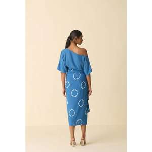 <b>Women</b> Blue Printed Wrap Midi Dress One Shoulder Summer Casual Dress - Product Image 4
