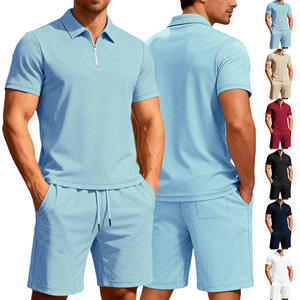 Conjunto de Camiseta Polo y Pantalones Cortos Azul Claro para Hombre, Ropa Casual de Verano, Transpirable, de Poliéster Tejido - Product Image 1