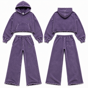 Conjunto Deportivo de Sudadera con Capucha Corta y Pantalones Anchos de Felpa Francesa, Lavado Ácido, Color Morado, 100% Algodón, Marca ONE APEX para Mujer - Product Image 4