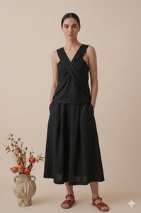 Vestido Mini de Lino sin Mangas para Mujer, Cuello en V, Corte Holgado, Cintura Natural, Color Sólido, Tejido Transpirable, Uso Diario, Estilo Vintage - Product Image 2