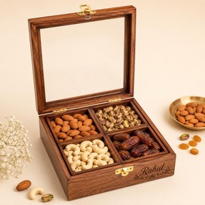 Boîte à fruits secs multifonction personnalisée en bois poli avec couvercle en verre, nom gravé Priya, boîte de rangement carrée faite à la main pour table - Product Image 2