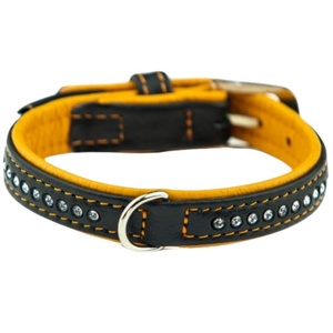 Collier de chien en cuir véritable noir le plus vendu avec collier de chien rembourré jaune et clous de cristaux Fabricant de fournisseur indien supérieur - Product Image 5