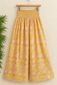 Women's Cotton Palazzo Pants High Waist Smocked Wide Leg <b>Trousers</b> Floral Pattern Breathable Eco-Friendly Summer Boho ODM Custom - Product Image 3