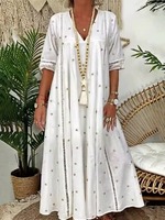 Robe longue maxi pour femme grande taille, blanche, à étoiles dorées, col en V, manches courtes, coupe droite, style bohème, kaftan de vacances, longueur ras du sol, vente en gros, personnalisable