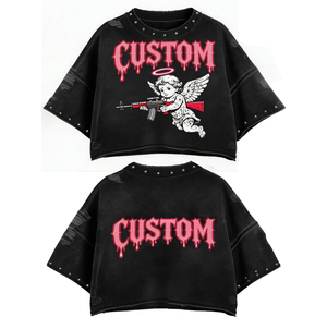 Conjunto de Camiseta y Pantalones Cortos con Serigrafía Personalizada Premium y Pedrería, Estilo Desgastado, Servicio 100% OEM, Estilo Urbano - Product Image 3