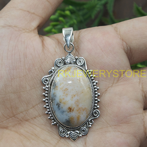 Natural Dendrite <b>Opal</b> Silver Pendant Handmade Vintage Oval Gemstone Jewelry Designer BohoStatement Healing <b>Necklace</b> Gift for Her - Product Image 6