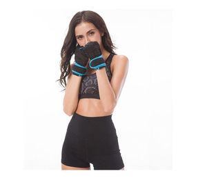 Gants de sport demi-doigts noirs avec bordure turquoise pour femme, équipement d'entraînement fitness, sangle de poignet réglable, en maille - Product Image 6