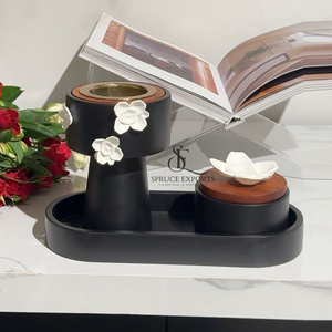 Modern Matte Black Metal & Wood Incense Burner Box With Tray & <b>White</b> Flower Accents. Powder Coating Finish For Home Decor - Product Image 3