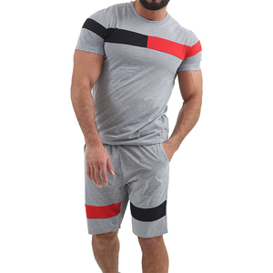 Men's Casual Color Block Sporty <b>Knitted</b> T-Shirt and Shorts <b>Set</b> Crew Neck Front Logo Quick Dry Polyester Spandex Summer Wear - Product Image 2
