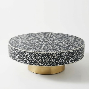 Mesa de Centro Redonda con Incrustaciones de Hueso en Rayas Blancas y Negras, Hecha a Mano, con Base de Pedestal, Muebles para Sala de Estar, Venta al Por Mayor - Product Image 6