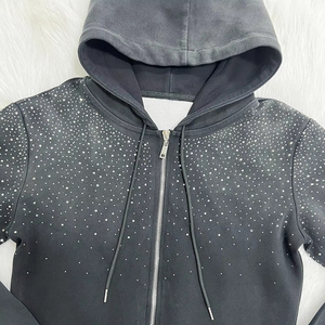 Ensemble de survêtement noir pour femme avec strass, à capuche, fermeture éclair, manches longues, coupe ample, décontracté, motif à pois, en polyester, pour l'automne - Product Image 4