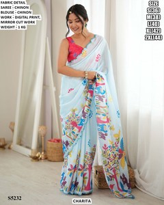 Sari en chinon bleu clair pour femme Charita avec imprimé numérique et blouse à découpes miroir pour usage quotidien S5232 - Product Image 1