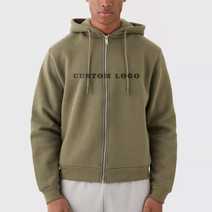 Sweat-shirt à capuche zippé pour homme, vert olive, coupe ample, couleur unie, coton French Terry, vêtement décontracté, impression de logo sur le devant - Product Image 4