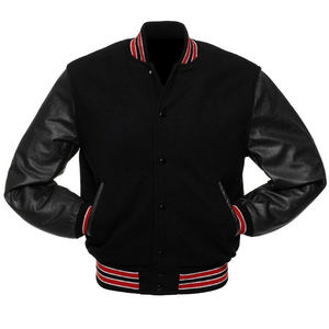 Men's Black Varsity Jacket With Leather Sleeves Button Closure Turn-down Collar Casual Autumn Wear Solid Color Regular Fit style - Product Image 3