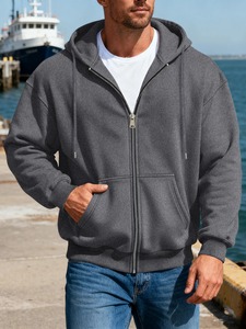 Sweat-shirt à capuche zippé noir pour homme, coupe classique, décontracté, en coton tricoté, couleur unie, pour l'automne - Product Image 5