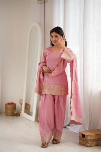 Premium silk blend <b>women</b>’s embroidered <b>kurta</b> with Patiala dupatta ethnic outfit breathable fabric smooth drape festive elegant - Product Image 5