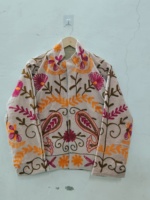 Blouson bomber pour femme brodé de fleurs, col montant, manches trois quarts, broderie à la main, coton tricoté, printemps, automne, hiver