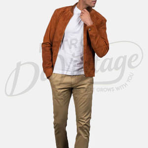 Chaqueta Bomber de Gamuza Genuina Color Cognac para Hombre con Cuello de Béisbol Acanalado y Cierre de Cremallera - Product Image 3