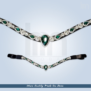Diadema de Doma de Cuero Verde Esmeralda de Lujo con Cristales y Lágrimas de Diamantes de Imitación, Venta al por Mayor, Fabricante de Artículos de Equitación OEM - Product Image 1