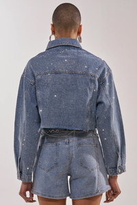 Women's Denim 2-Piece Shorts Set <b>Sequined</b> <b>Crop</b> Jacket With Belt Casual Spring Summer Outfit Full Sleeve Turn-Down Collar - Product Image 4