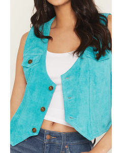 Chaleco de Cuero de Ante Turquesa para Mujer, Corto, Sin Mangas, Estilo Western, con Botones Delanteros, de Ante Genuino, Estilo Vaquera Boho, OEM - Product Image 2