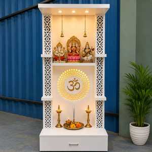 Modern Tabletop Wooden <b>Mandir</b> with LED Lights and Storage Drawer Luxury White Rectangle Pooja Temple Unit for Living Room - Product Image 2