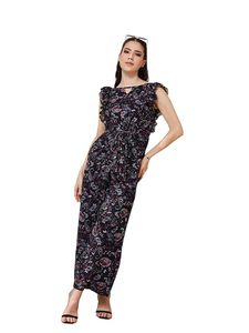 Combinaison pour femme à col rond sans manches, motif floral, jambes larges, coupe classique, multicolore et bleu marine - Product Image 1