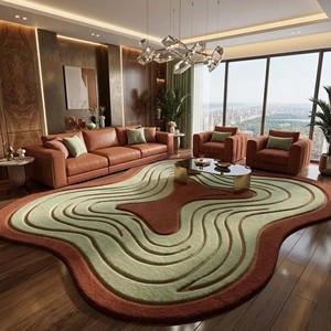Tapis de sol à contour irrégulier, moderne, vert et marron, abstrait, en laine, forme organique, tufté, décoration minimaliste pour la maison, doux - Product Image 6