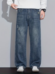 Jeans de Pierna Ancha de Corte Relajado Vintage para Hombre |   Pantalones Vaqueros Clásicos de Pierna Recta y Corte Holgado |   Ropa Urbana Ligera de Algodón Azul Retro - Product Image 4