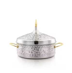 Wooden Round Hot Pot with Silver Stand <b>Legs</b> Insulated Thermal Casserole Unique Salad Bowl Food <b>Warmer</b> Buffet Serving Pot - Product Image 4
