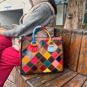 Sac fourre-tout Ando en cuir de vachette véritable pour femme, patchwork multicolore en diamant, sac à main à poignée supérieure et bandoulière - Product Image 2