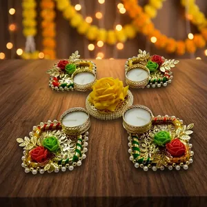 Handmade Floral <b>Tealight</b> Candle <b>Holder</b> Set with Roses Pearls and Gold Decor for Diwali Wedding Pooja and Home Decoration Art - Product Image 6