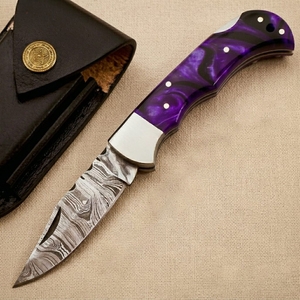 มีดพับเหล็กดามัสกัสคุณภาพสูง Custom DAMASCUS ARTS TRADING พร้อมด้ามเรซิ่น สำหรับการล่าสัตว์และการตั้งแคมป์ รับประกัน 3 ปี - Product Image 2