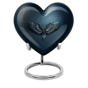Urna Conmemorativa de Aluminio Azul con Forma de Corazón, Decorativa, con Alas, Compacta, Superficie Pulida Brillante, Alas de Ángel en Relieve - Product Image 1