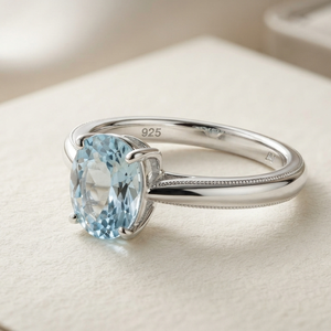 Anillo de Compromiso Clásico de Plata de Ley 925 con Corte Ovalado de Aguamarina y Engaste de Garras, Banda de Piedras Preciosas Vintage Unisex - Product Image 1