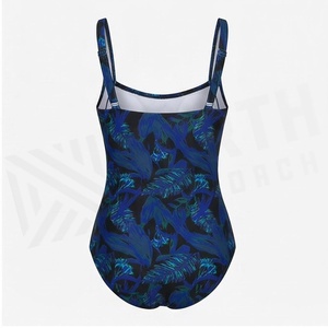 Women One Piece Swimsuit Square Neck Ruched Plant Print <b>Blue</b> Stretch Swimwear - Product Image 2