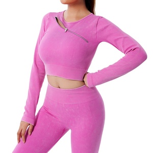 2025 Logo personnalisé ensemble de vêtements de sport pour femmes Yoga à séchage rapide et hauts longs et courts avec fermeture éclair et bouton décor taille 6XL - Product Image 3