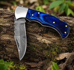 Cuchillo de bolsillo de acero de Damasco hecho a mano con mango de madera y funda de cuero fino, cuchillo de camping, cuchillo plegable - Product Image 2