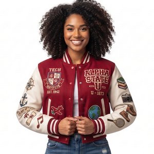 Chaqueta Bomber Corta para Mujer, Estilo Varsity, Diseño de Lujo, Chaqueta Corta Varsity para Mujer, Cuerpo de Lana, Mangas de Cuero - Product Image 1