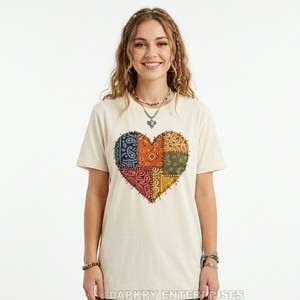 Mandala Heart Women T-<b>Shirt</b> <b>Boho</b> Graphic Tee White Cotton Short Sleeve Top Manufacturer Custom Yoga Clothing OEM Apparel - Product Image 3
