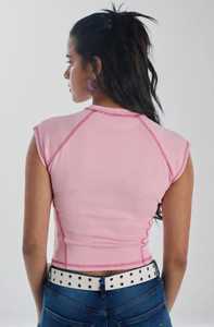 <b>Women's</b> Y2K <b>Pink</b> Cap Sleeve Crop <b>Top</b> Slim Fit Letter Print Crew Neck Jersey Tee - Product Image 2