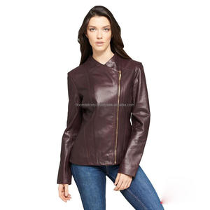 Veste en cuir marron de haute qualité pour femmes, coupe ajustée, fermeture éclair dorée, doublure souple, vêtements d'extérieur de style moto OEM - Product Image 1
