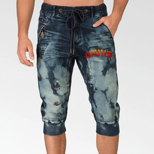 กางเกงยีนส์ขาสั้นลำลองสำหรับผู้ชาย ทรงหลวม สไตล์อเมริกัน ดีไซน์พองๆ ขาดๆ แบบวินเทจ ผ้าเดนิมฟอกหนัก ใส่สบาย แฟชั่น - Product Image 1