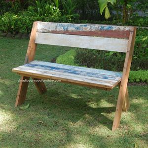 Banc d'extérieur artisanal avec dossier en bois de bateau recyclé couleur naturelle pour jardin, parc, maison – Mobilier démontable - Product Image 6